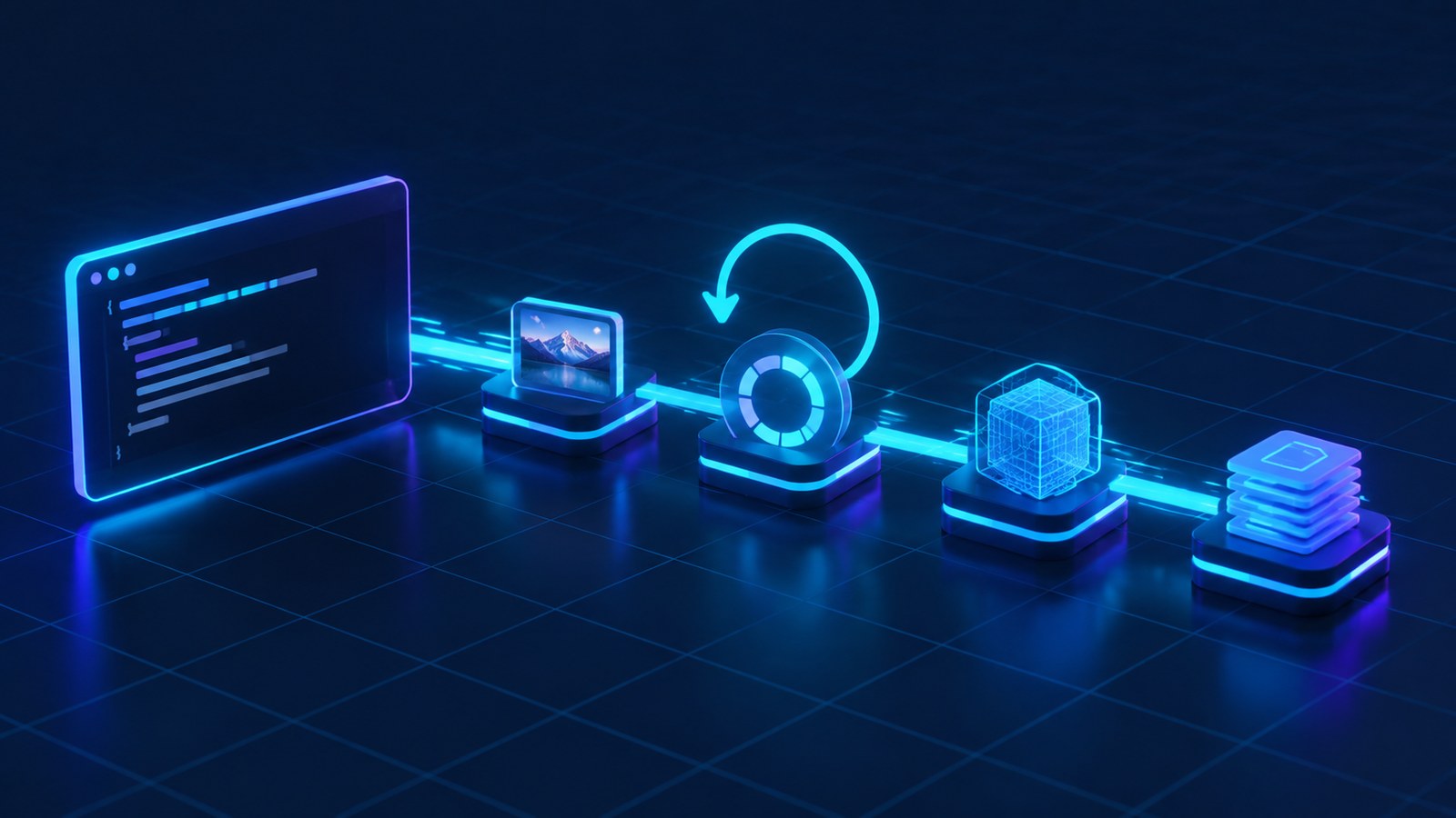 A four-step 3D model API request flow: submit an image, poll generation progress, receive the model, and download the exported asset