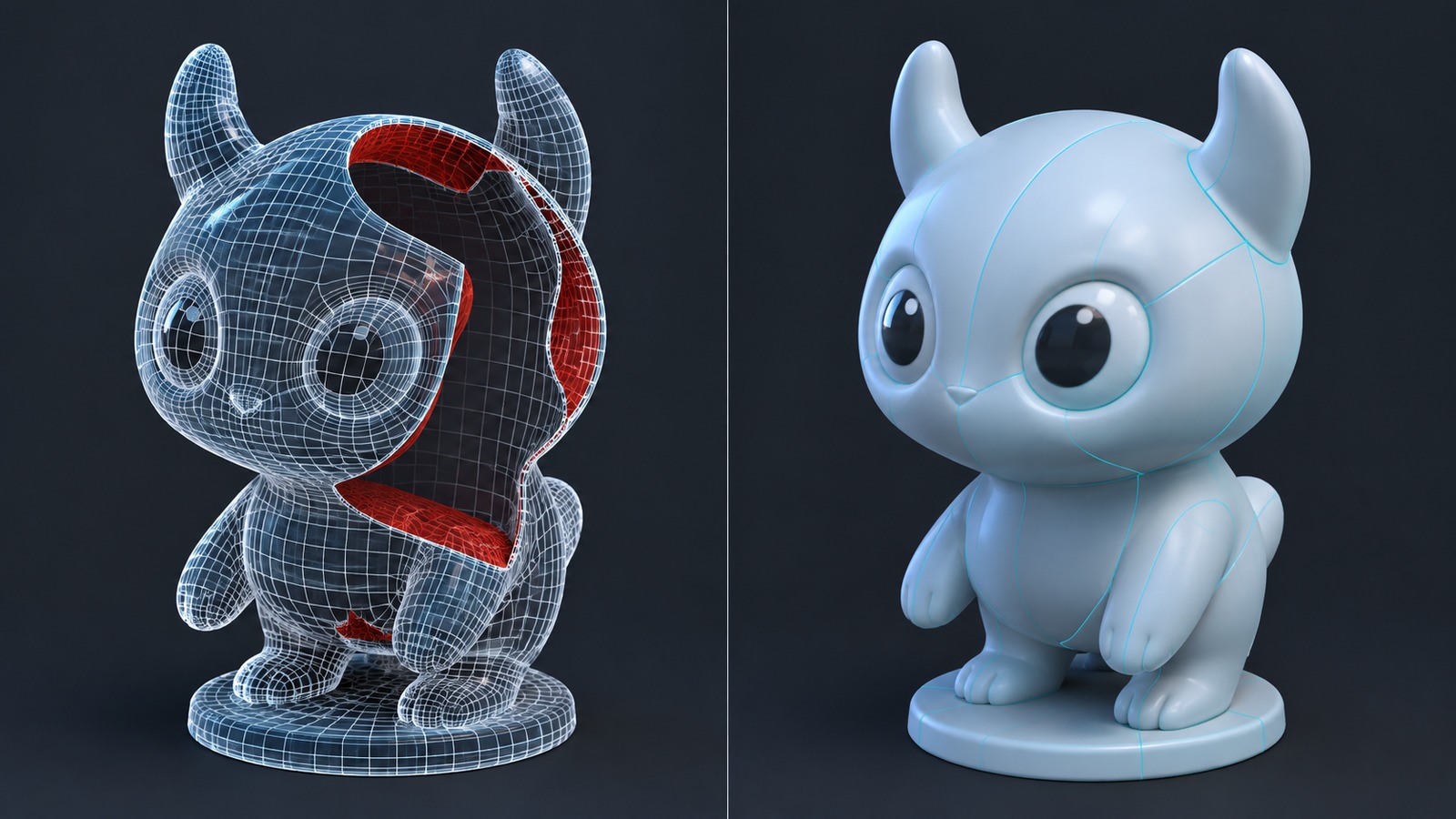 Side by side comparison of an open mesh with a visible hole and inverted faces next to a closed watertight mesh of the same creature