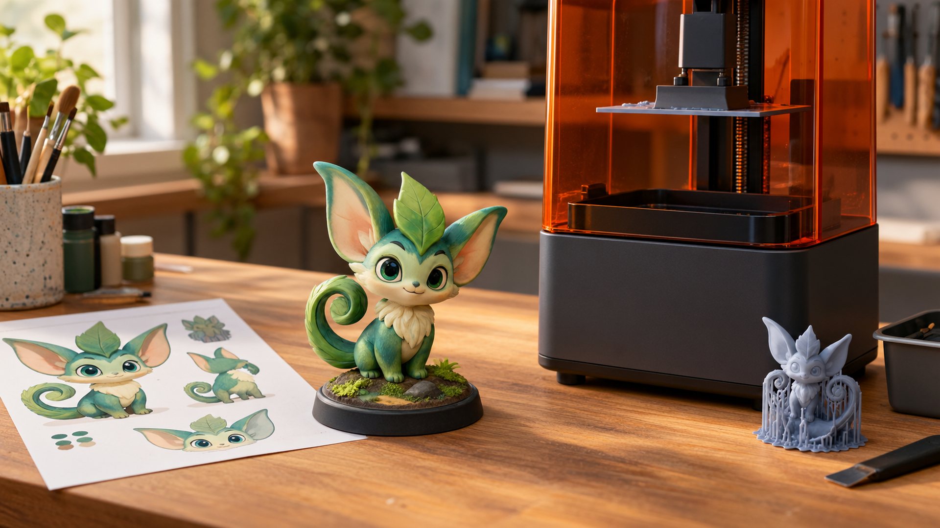A painted original cartoon creature figurine on a maker workbench beside a resin 3D printer and a printed reference sheet