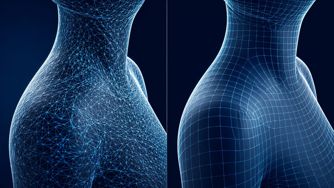 side by side comparison of a messy triangulated mesh and a clean quad mesh after retopology