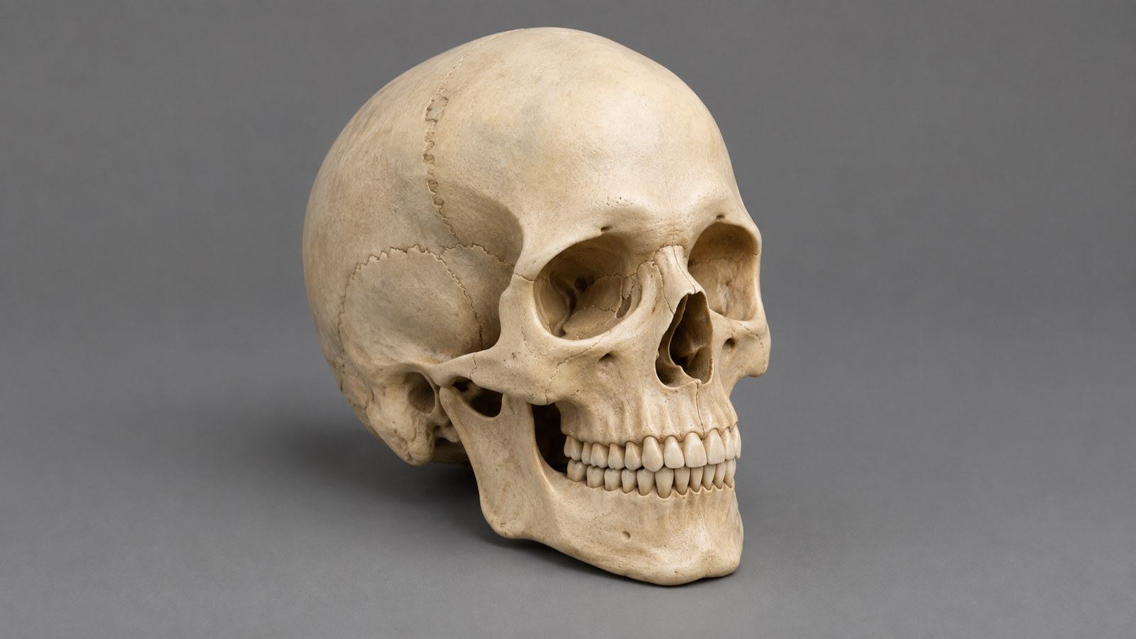 A skull 3D model rendered in three-quarter view, showing the cranial vault, both orbits, the nasal aperture, and the upper dental arch in a bone-colored matte material