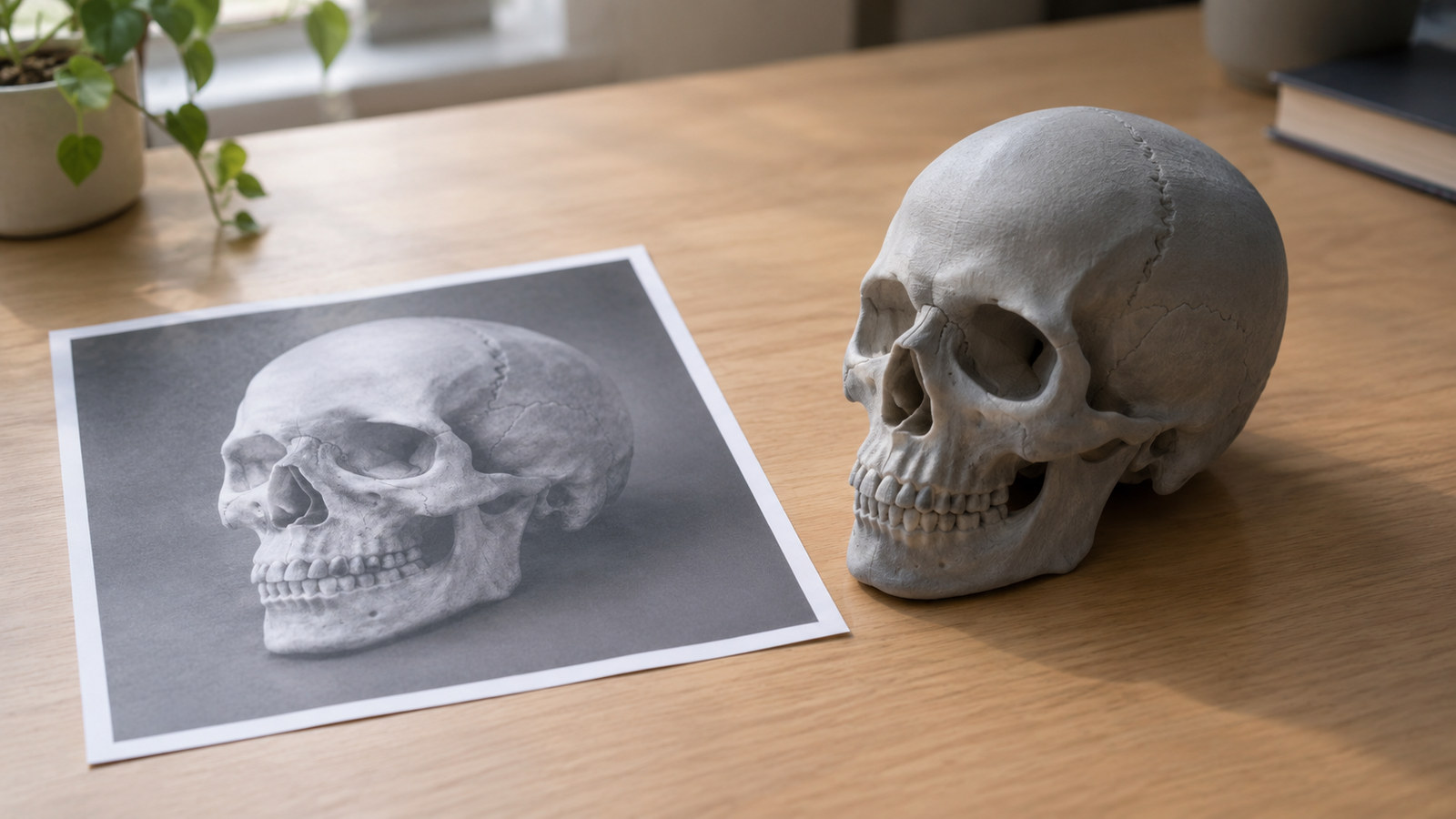A flat printed photograph of a skull reference lying on a desk next to the grey 3D model reconstructed from it, showing the two side by side