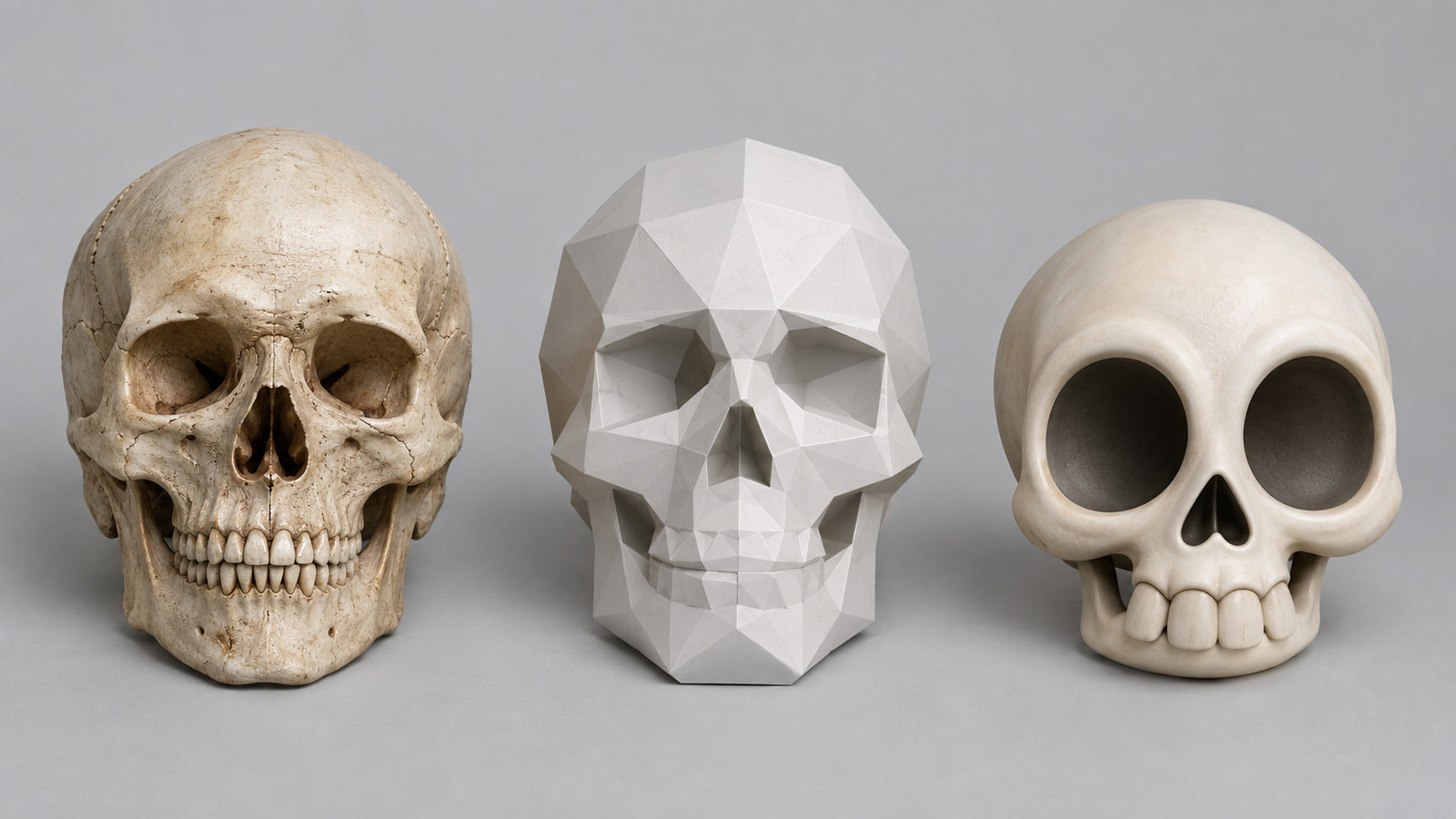 Three 3D printed skull models in different styles arranged on a plain surface: one photorealistic with fine surface detail, one low-poly with visible flat facets, and one stylized with exaggerated cartoon proportions