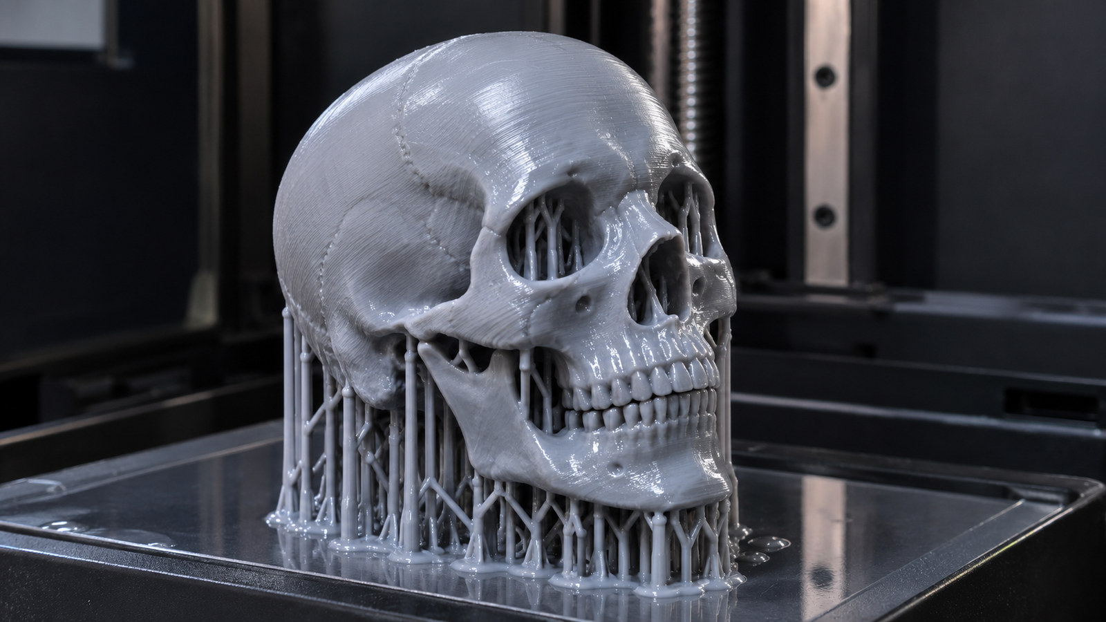 A freshly printed grey resin skull on a 3D printer build plate with support structures still attached beneath the jaw and inside the eye sockets