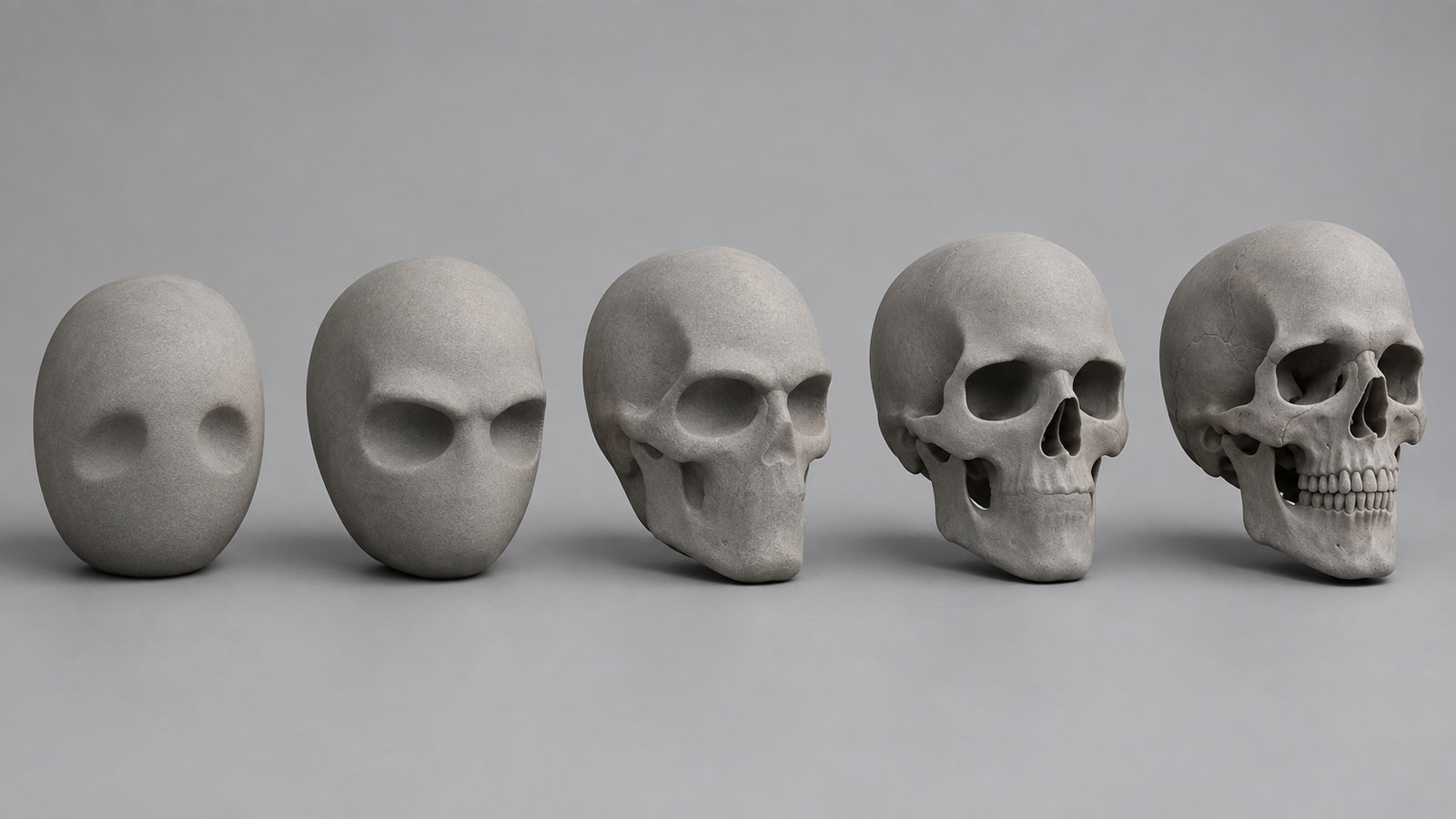 Five abstract skull-shaped solid forms of increasing structural complexity arranged in a row on a neutral background, representing five different routes to producing a skull model
