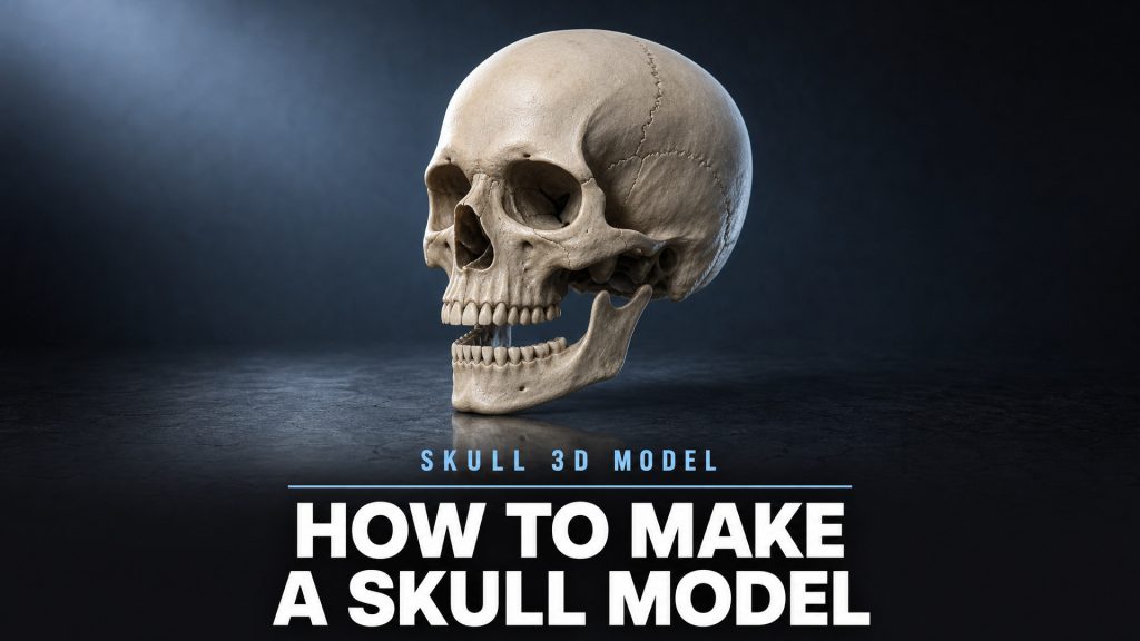 A 3D skull model rendered in three-quarter view above a dark reflective surface, with the title How to Make a Skull Model