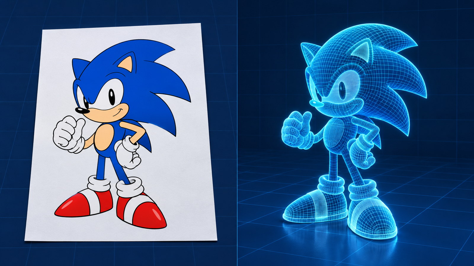 A flat 2D Sonic illustration on the left resolving into a closed cyan wireframe mesh of the same character on the right