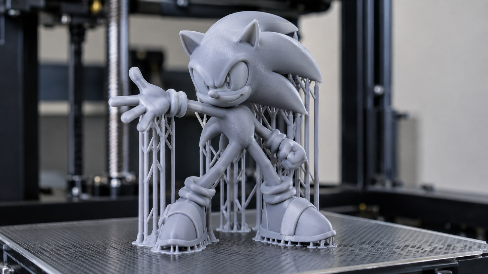A grey resin Sonic figurine on a printer build plate with support structures beneath its outstretched arm and quills