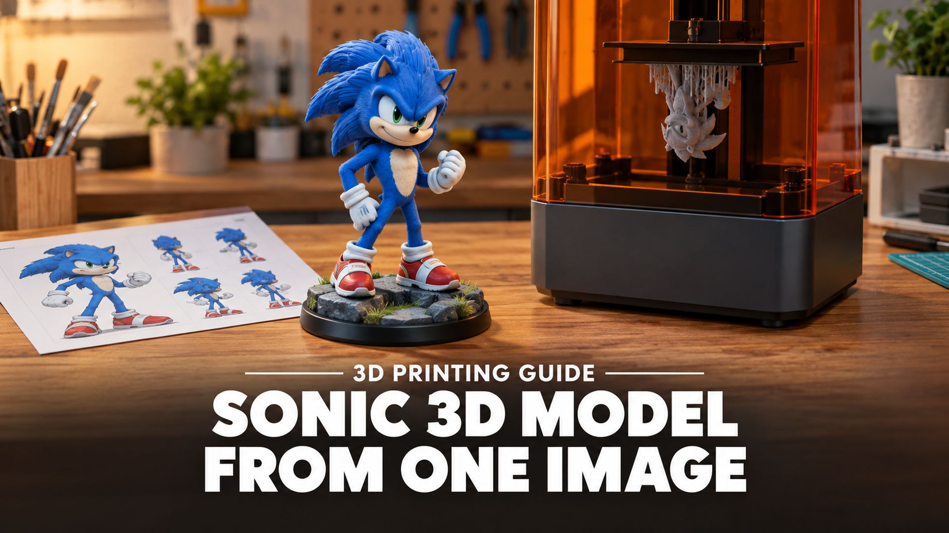 A painted Sonic the Hedgehog figurine on a maker workbench beside a resin 3D printer and a printed reference sheet