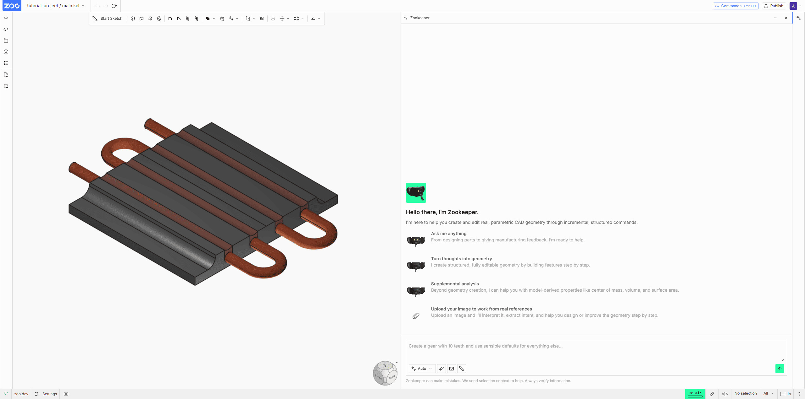 Text to CAD prompt and generated parametric part in a browser-based AI CAD tool