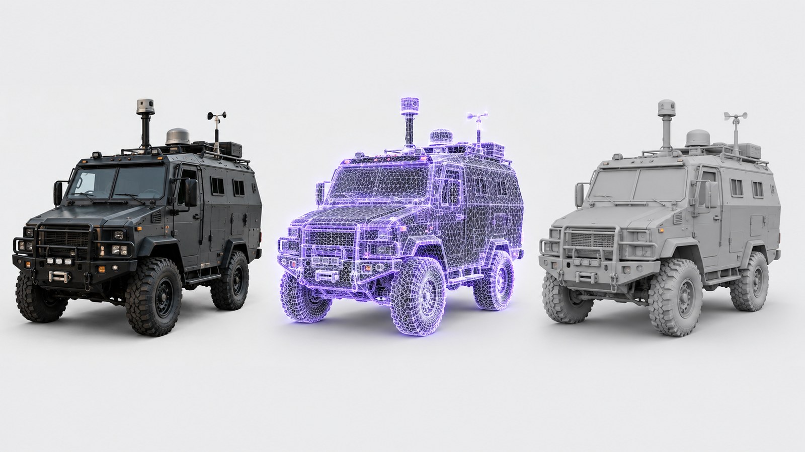 A reference photo of an armored storm chase truck becoming a dense triangle mesh and then a solid 3D model