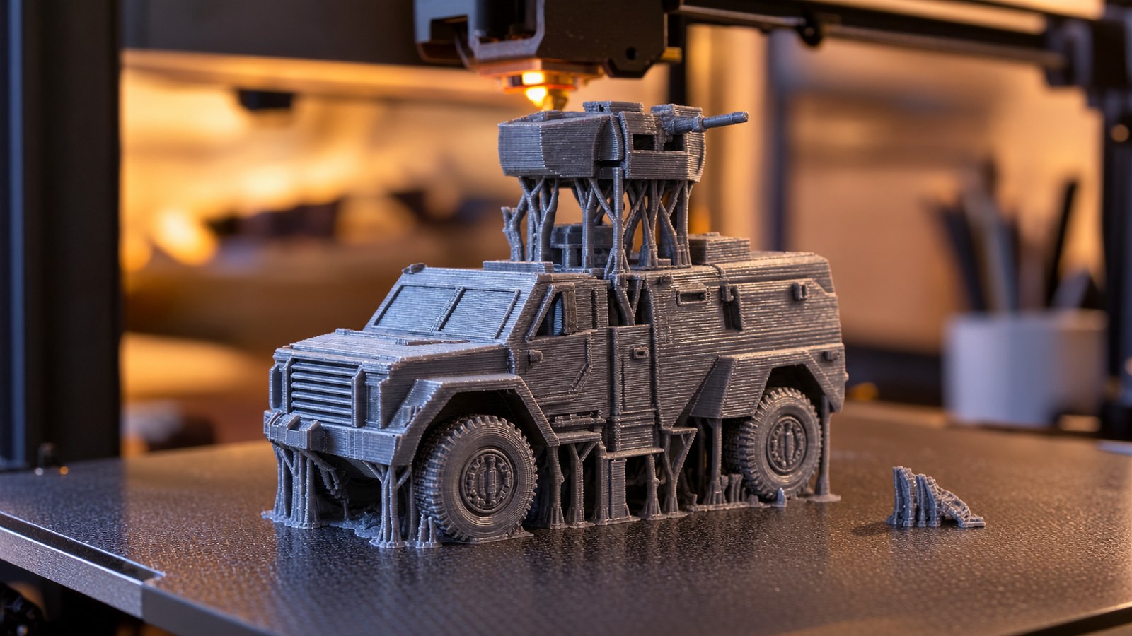 An armored storm chase truck model sitting on a 3D printer bed with support structures under the turret
