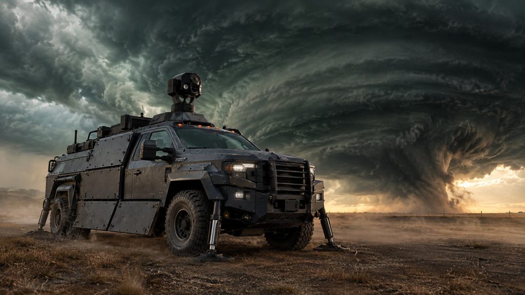 An armored storm chase truck with a rotating roof turret parked beneath a supercell storm