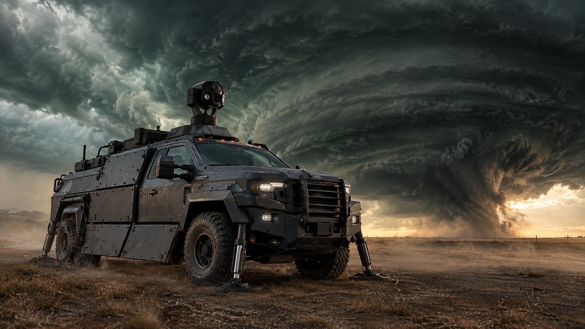 An armored storm chase truck with a rotating roof turret parked beneath a supercell storm