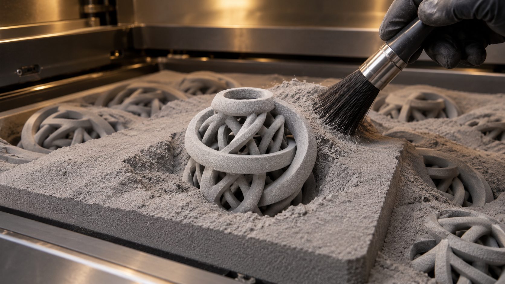 SLS 3D printed nylon lattice parts nested in unsintered powder inside a build chamber, with no support structures