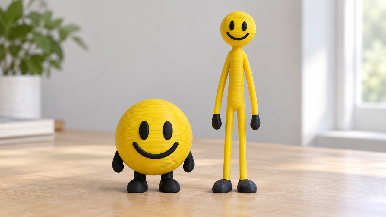 Two 3D printed Verity figures on a wooden desk, a compact round smiling form beside a much taller lanky humanoid version