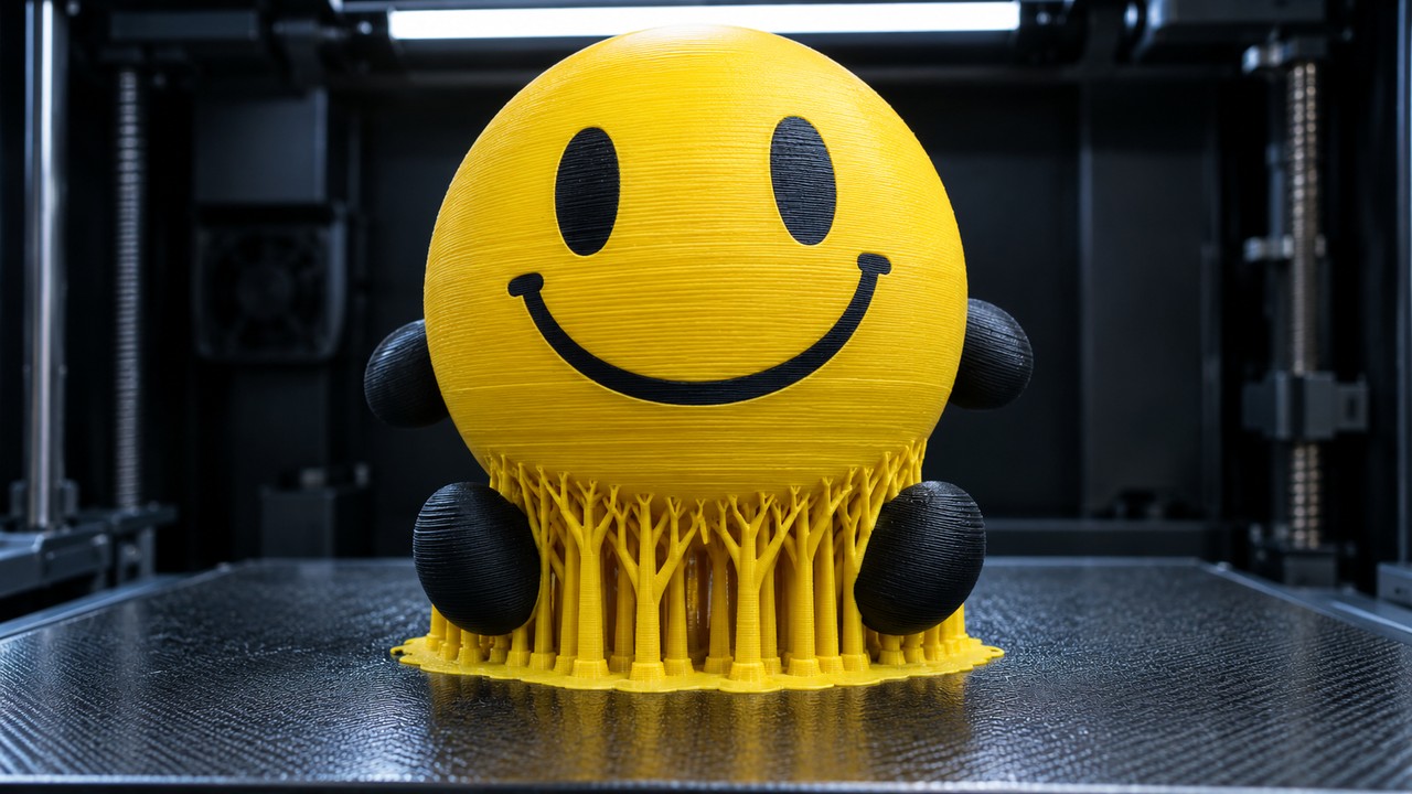 A printed spherical Verity figure on a printer build plate resting on a dense cluster of tree supports with a wide brim around the base