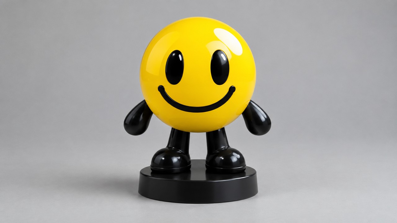 A finished painted Verity 3D print with a smooth glossy yellow body and crisp black eyes and smile, standing on a black display base