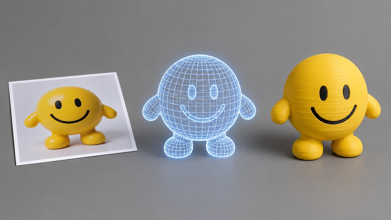 Three stages of the same Verity character side by side, a flat printed reference image, a glowing wireframe mesh, and a solid 3D printed figure