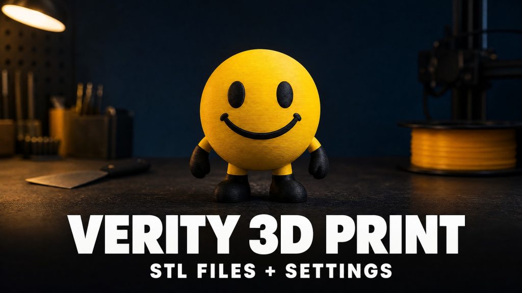A 3D printed collectible figure of a yellow smiley-face character standing on a workshop bench, above the title Verity 3D Print
