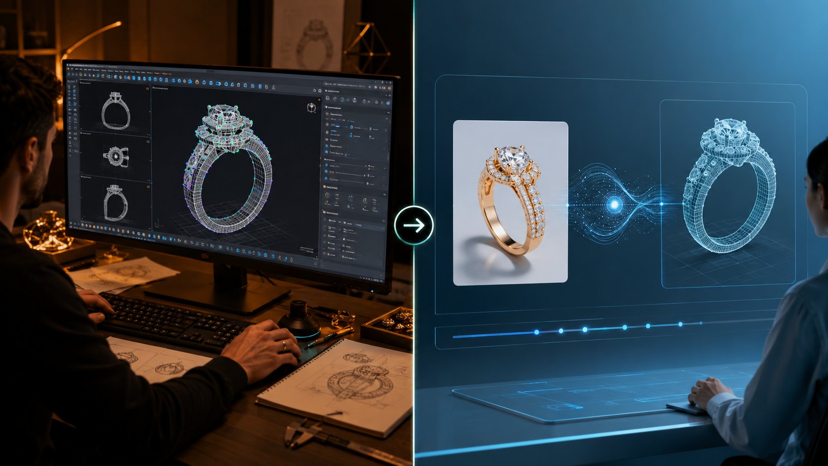 Side-by-side comparison of traditional CAD jewelry modeling interface and AI-powered jewelry generation workflow showing the speed difference