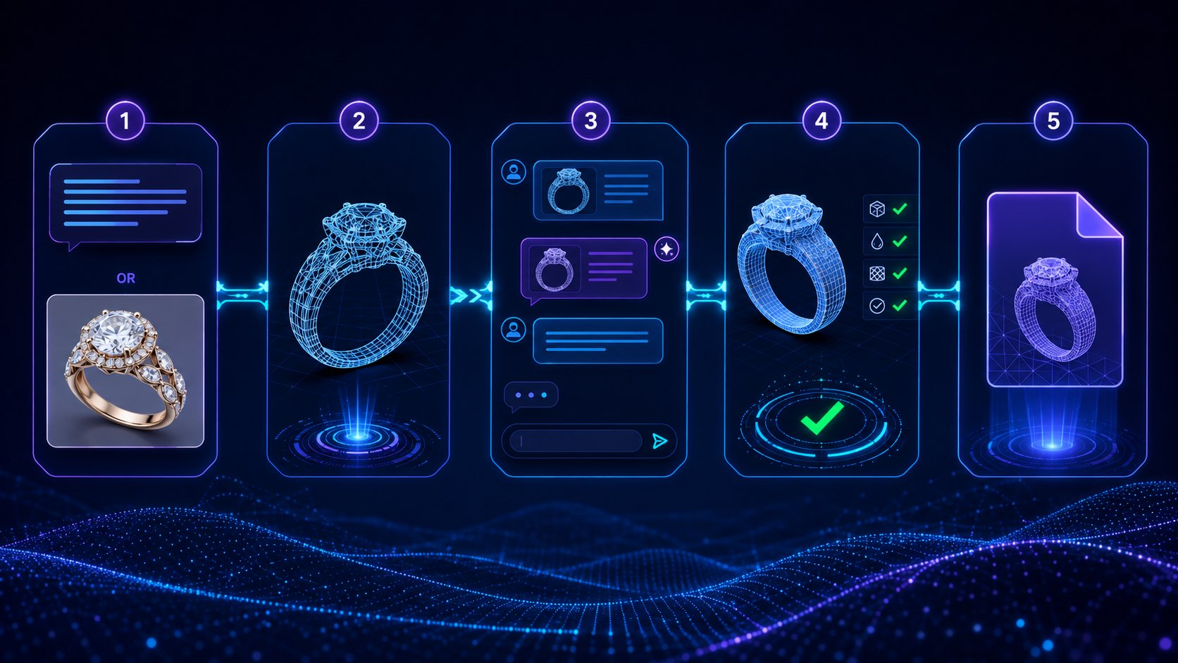 Step-by-step AI jewelry modeling workflow diagram showing concept image, 3D mesh generation, refinement, and final STL export stages