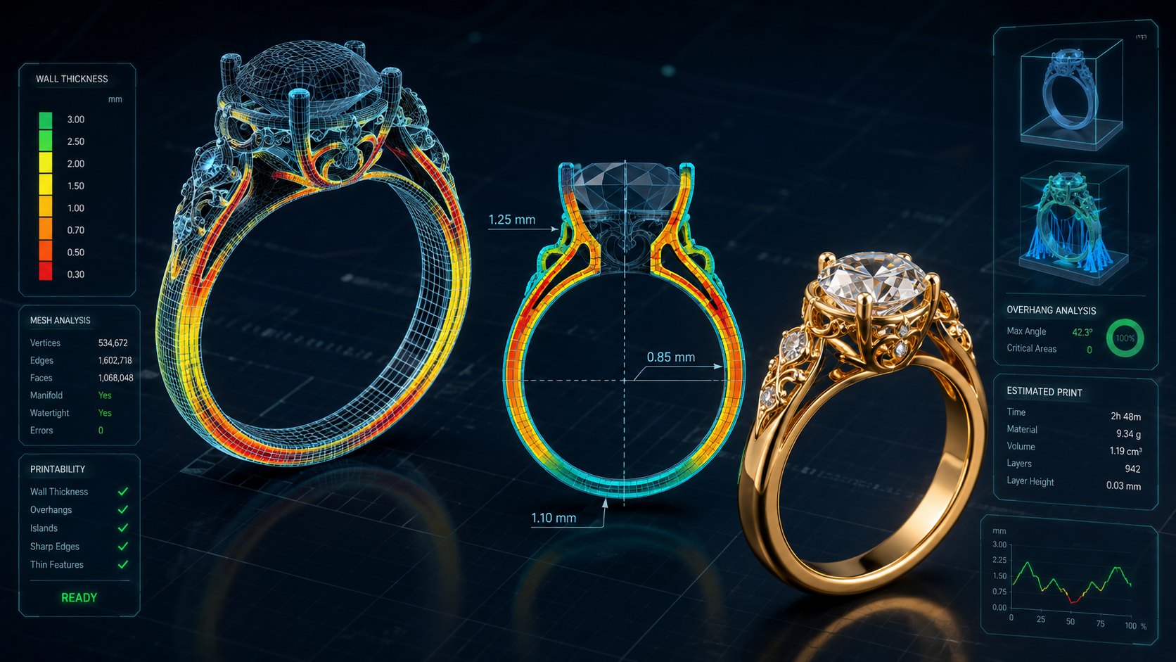 Three-dimensional STL mesh analysis showing wall thickness validation, manifold check, and final 3D printed jewelry model in resin