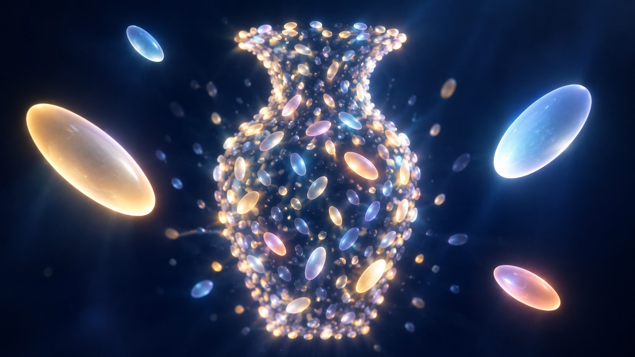 A dense cloud of glowing translucent ellipsoids forming the shape of a vase, with several individual splats pulled forward in sharp focus to show their size, tilt and color