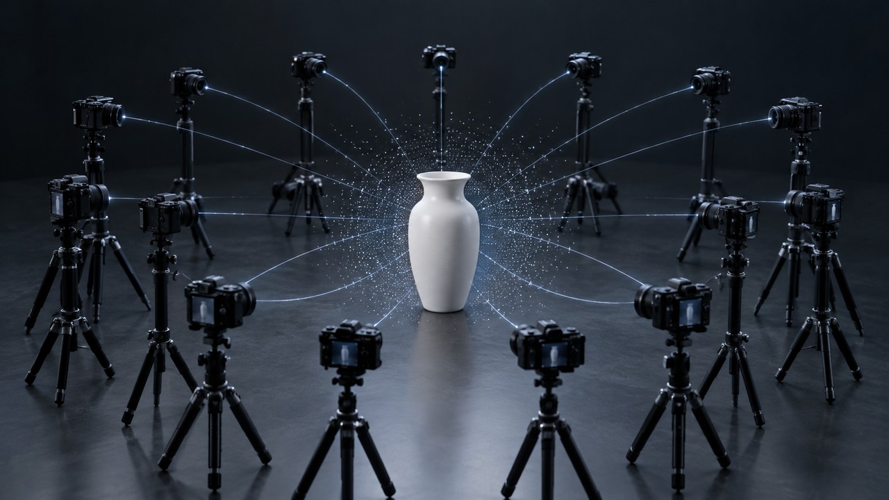 A ring of cameras on tripods arranged around a white vase, with thin light beams converging on it and a faint point cloud forming in the air