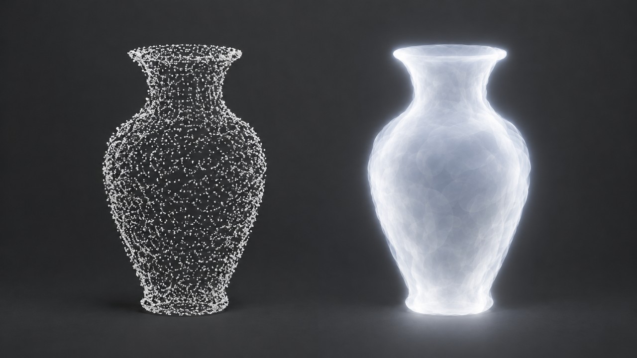 Two views of the same vase side by side, at left a coarse scatter of flat dots and at right a soft continuous luminous cloud