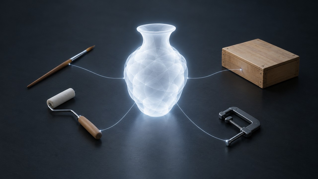 A vase rendered as a luminous point cloud on a dark surface, with a paintbrush, a roller, a clamp and a closed wooden crate arranged around it
