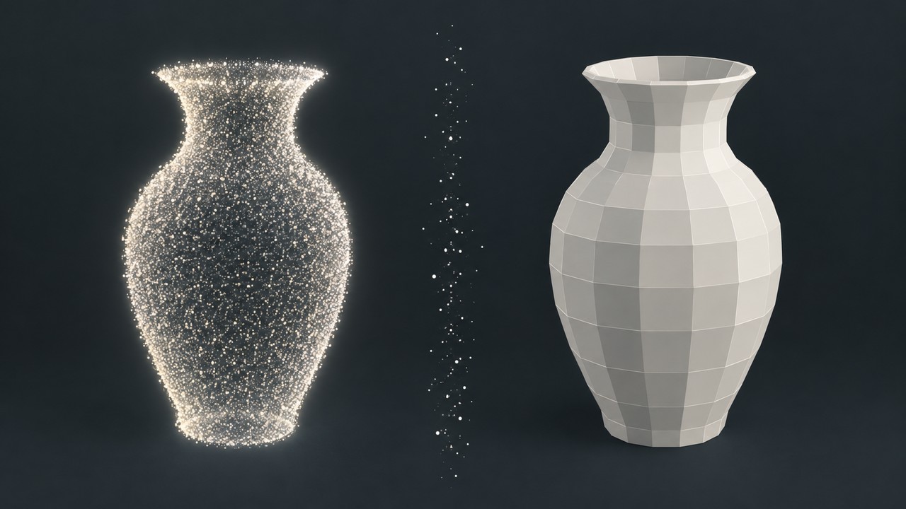 A vase shown twice side by side, at left a dense glowing point cloud and at right a crisp faceted polygon mesh, with loose points drifting between them