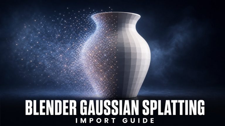 A ceramic vase transitioning from a glowing cloud of Gaussian splat points into a faceted polygon mesh, above the title Blender Gaussian Splatting