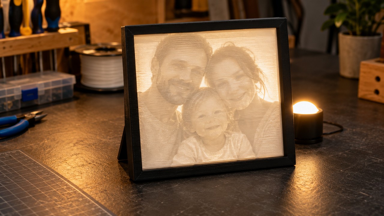 A backlit 3D printed photo lithophane panel in white filament showing a family portrait, resting on a maker workbench