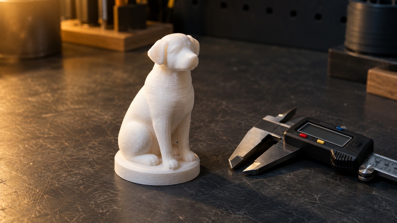 A small matte 3D printed figurine of a seated dog on a workbench, with a digital caliper beside it for scale