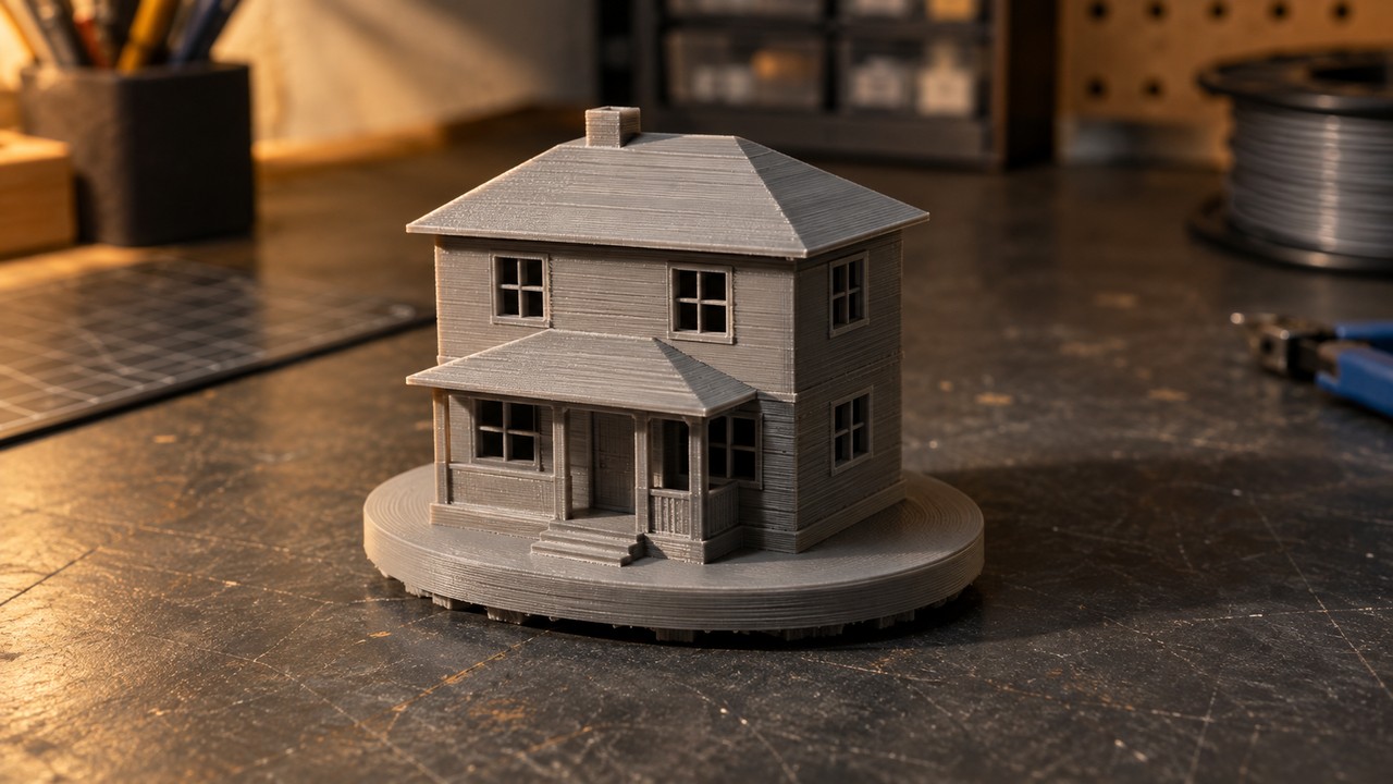 A 3D printed model of a two story house mounted on a small oval base on a workbench