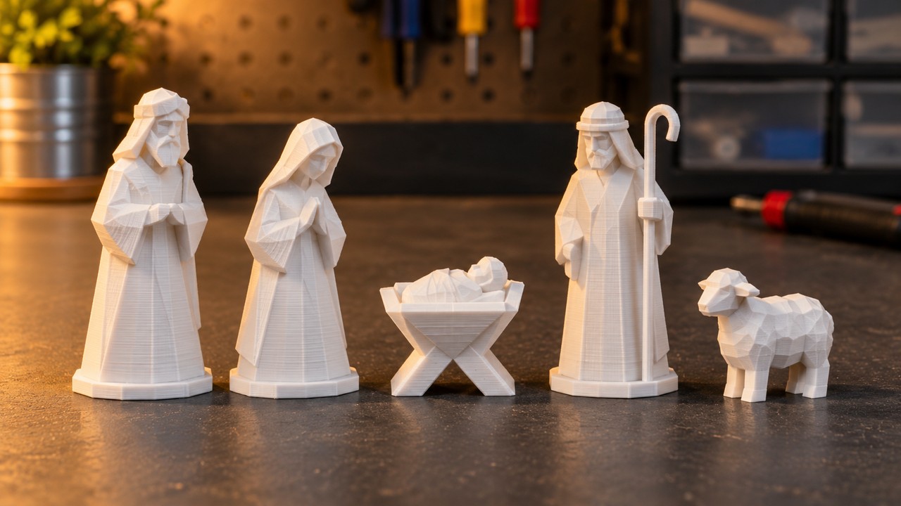 Five simple 3D printed nativity figures in a matching matte white finish arranged on a workbench