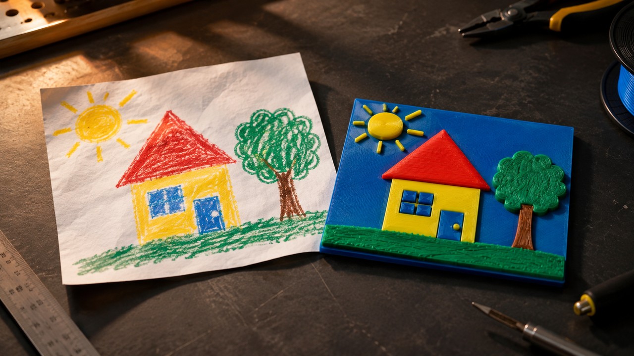 A child's abstract crayon drawing of a house and sun beside its two color 3D printed relief version on a workbench