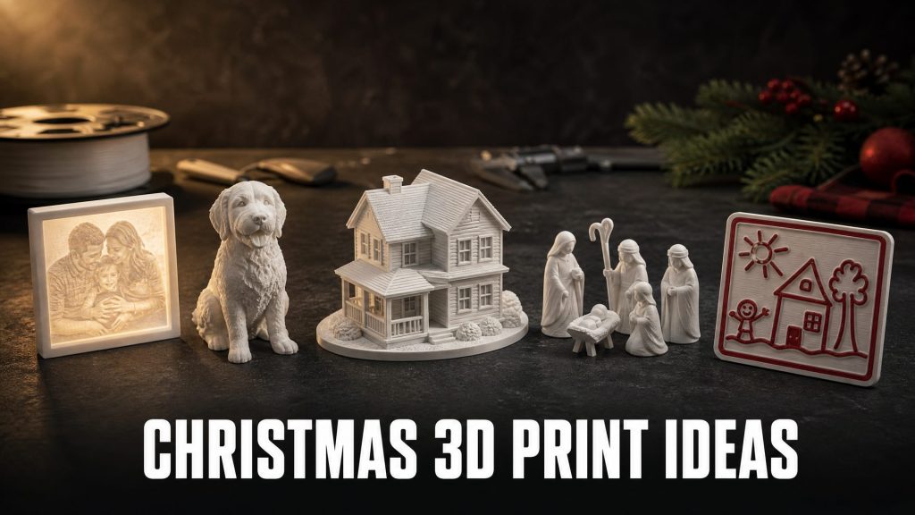 A workbench of personalized 3D printed Christmas gifts including a glowing photo lithophane, a small figurine, a house model, a nativity set, and a two color relief plaque