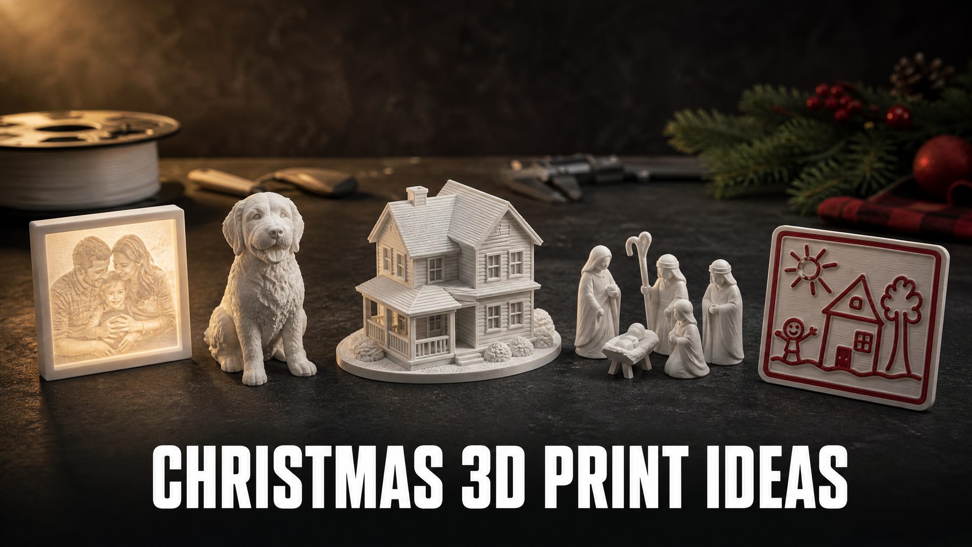 A workbench of personalized 3D printed Christmas gifts including a glowing photo lithophane, a small figurine, a house model, a nativity set, and a two color relief plaque