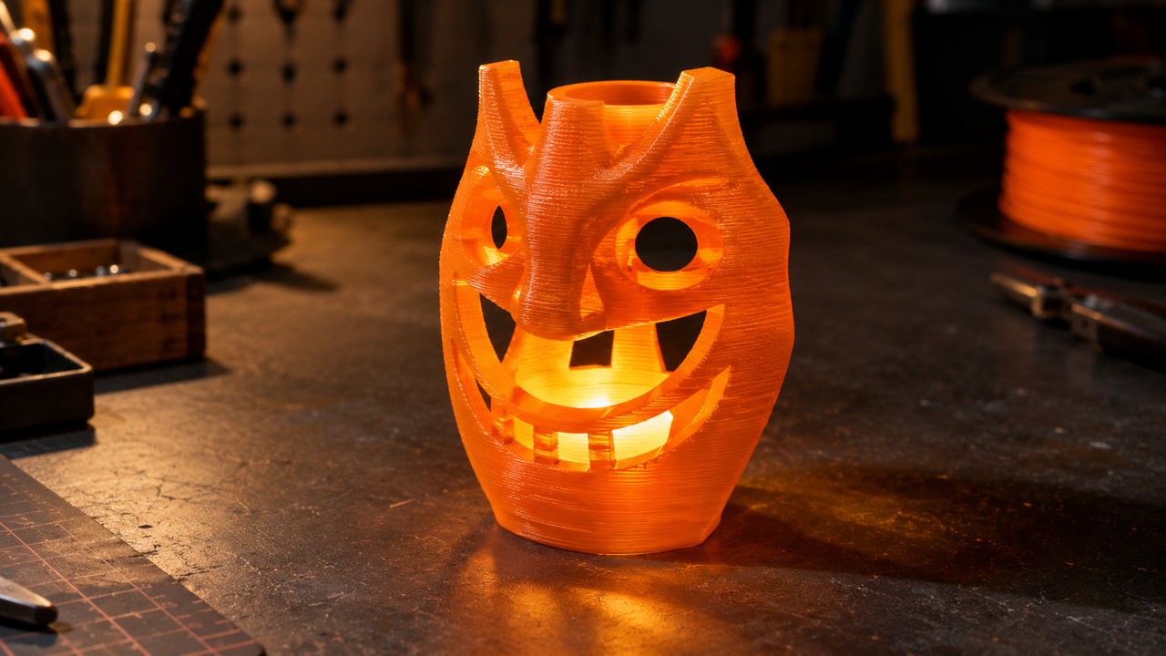 A translucent 3D printed lantern shell with an original carved face glowing from an LED inside, standing on a maker workbench