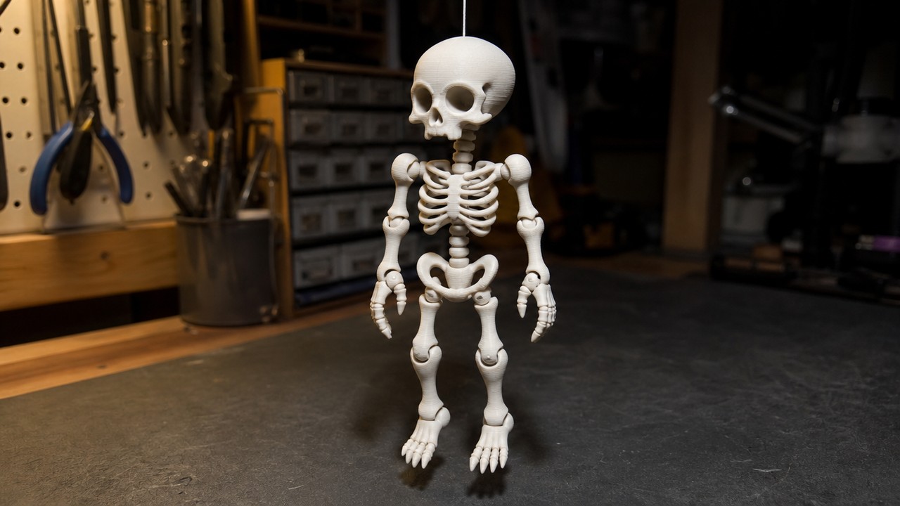 A matte white 3D printed articulated figure printed as one piece, hanging from a wire with its limbs hanging loosely