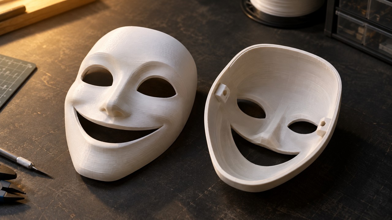 A matte white 3D printed character mask resting face-up beside its hollow underside, showing the thin shell wall and strap anchor points