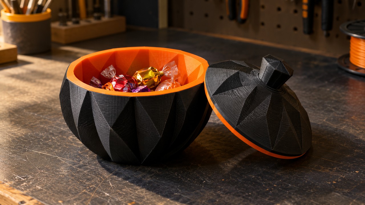 A two-color 3D printed lidded candy bowl on a workbench, with a matte black outer shell and a contrasting orange inner liner