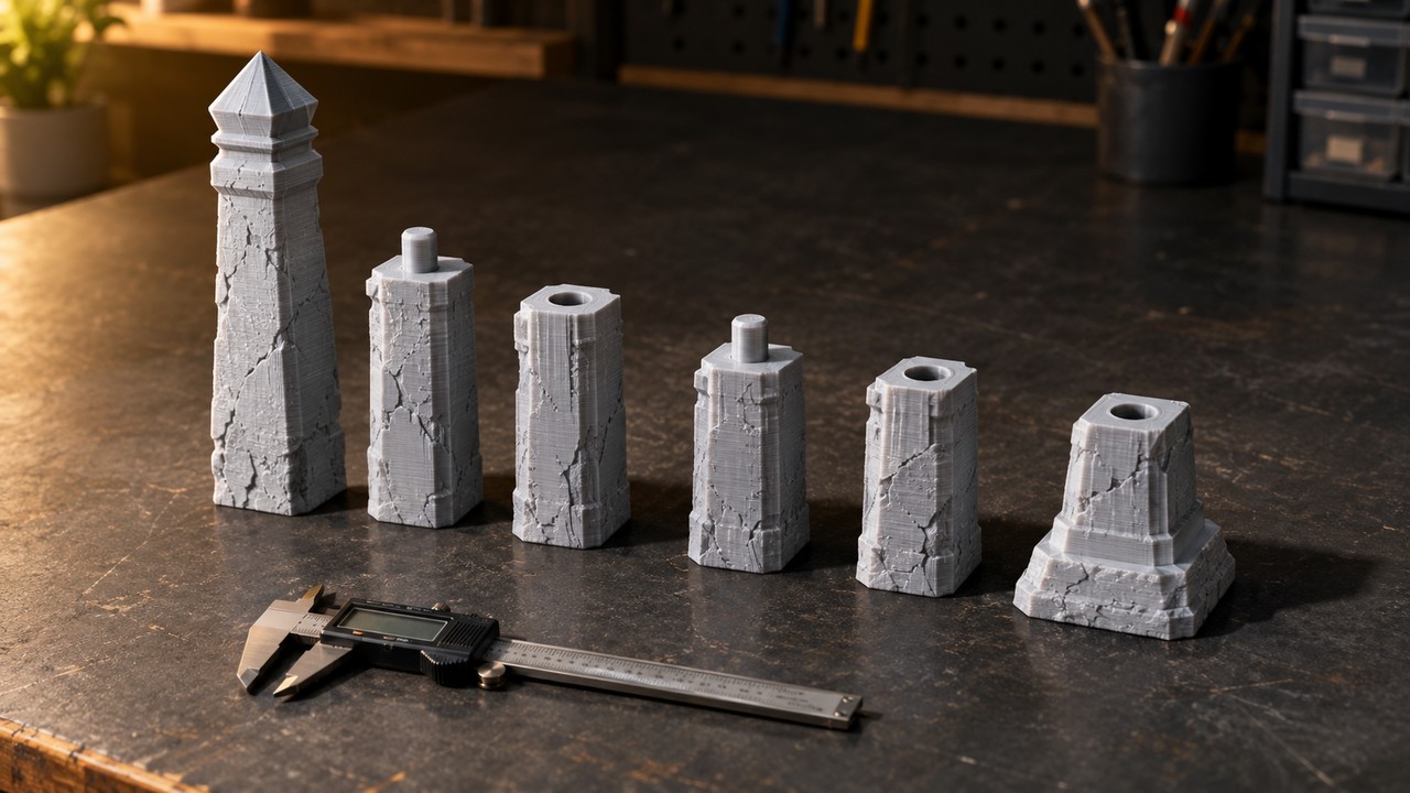 Six 3D printed parts of one tall prop laid out in a row, three of them showing round peg and socket connectors on their mating faces