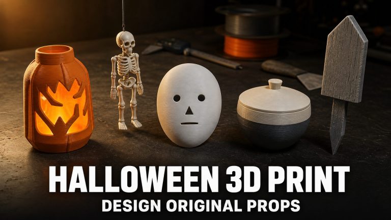 Five original 3D printed Halloween props on a maker workbench: a glowing lantern shell, an articulated figure, a white mask, a two-tone candy bowl, and a tall yard stake