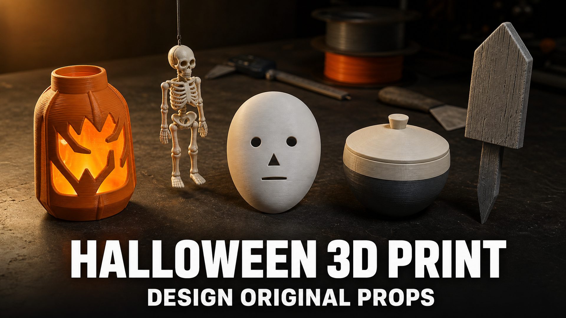 Five original 3D printed Halloween props on a maker workbench: a glowing lantern shell, an articulated figure, a white mask, a two-tone candy bowl, and a tall yard stake