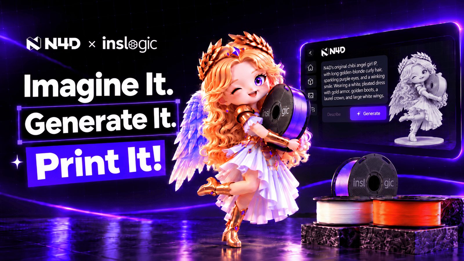N4D x INSLOGIC giveaway campaign artwork with a chibi angel character holding a filament spool beside an N4D generation interface
