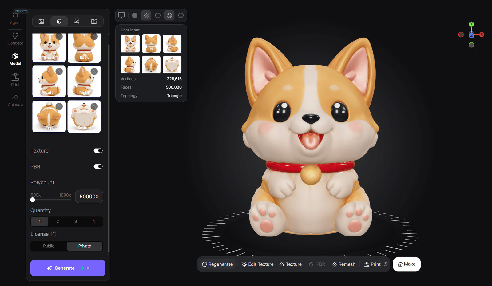Generated corgi model in N4D with six reference views and a mesh statistics panel