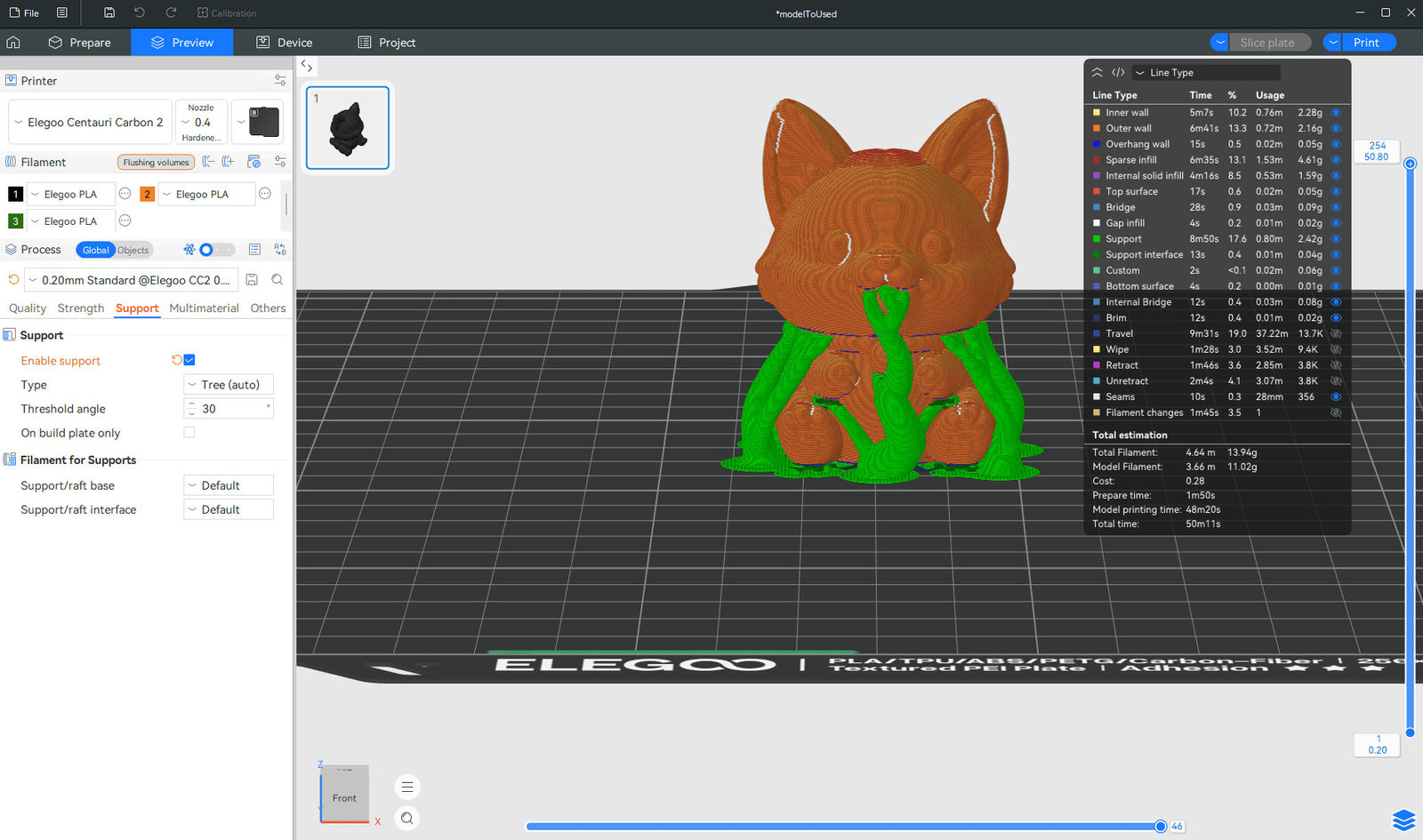 Corgi-shaped model in a slicer layer preview with green tree support paths